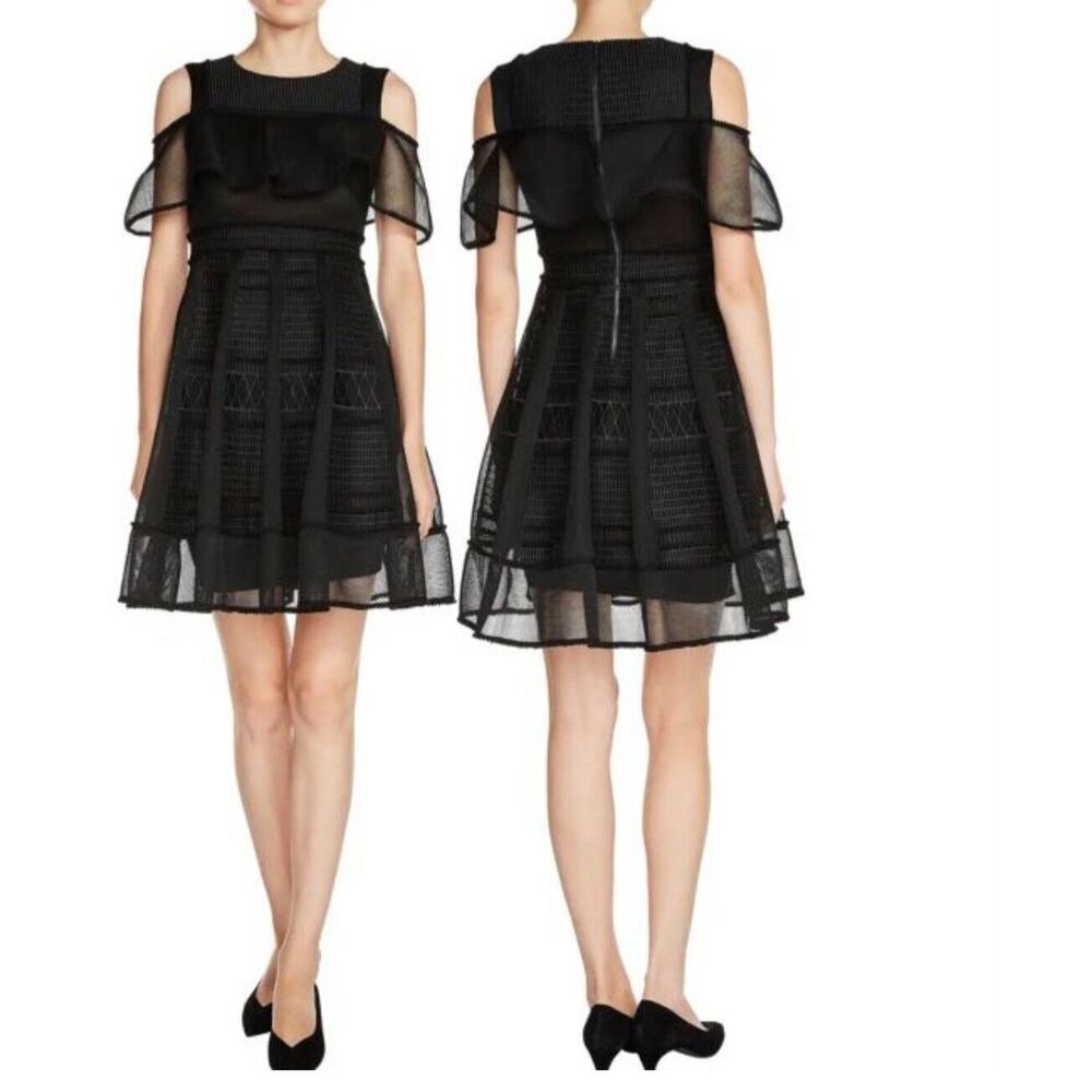 Maje "Rosalie" Cold Shoulder Dress Black Mini Dress Size 2 Mesh Overlay A-Line‎